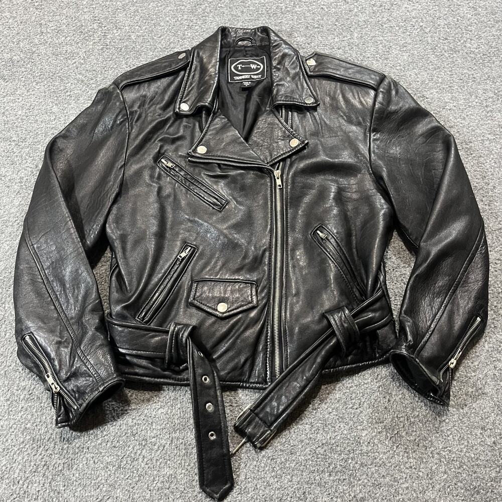Tannery West Motorcycle Jacket Womens Small Black Coat Zip Leather Biker Belted